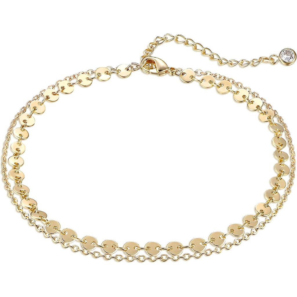 Women Dainty Anklet,14k Gold Plated Satellite Anklet Double Layered Cute Beads C